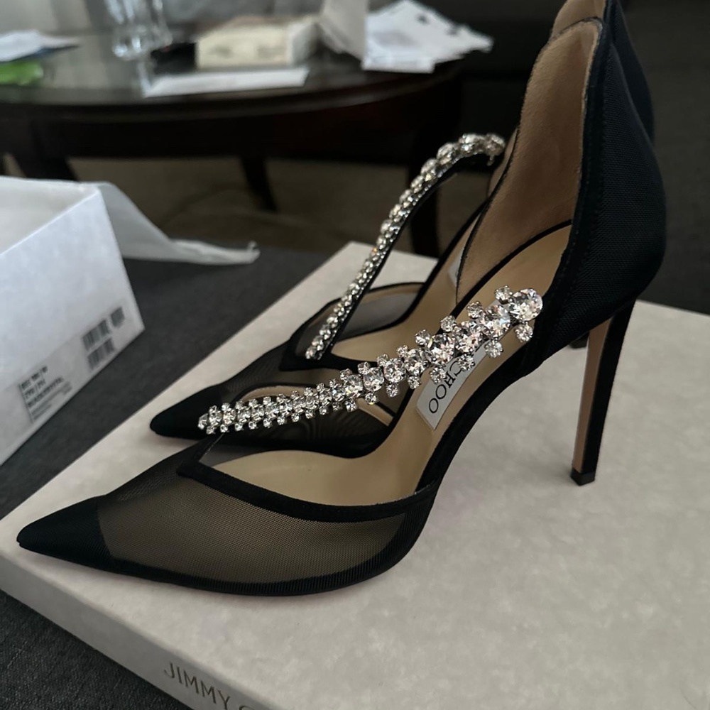 Jimmy Choo Black Mesh Pointed Toe Slingback Heels with Crystal Straps - Picture 3 of 5